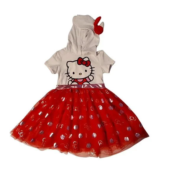 Hello Kitty Hooded Dress XS Red Tulle Skirt White Top Short Sleeves Kids Outfit - Picture 1 of 8